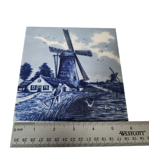 Royal Mosa Holland Delft Blue Tile Trivet Wall Hanging Windmill Farmer Birds - Picture 6 of 7